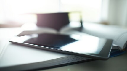 A digital tablet is placed on an open textbook, surrounded by a calm study environment. Soft morning light filters through the windows, enhancing the serene atmosphere perfect for learning