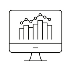 Computer Screen With Graph Line Icon. Data Analysis, Business Analytics, And Performance Tracking Outline Symbol. Financial Insights And Market Trends. Editable Stroke. Isolated Vector Illustration