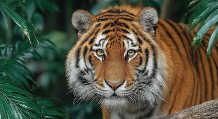 Obraz premium Close-Up Portrait of a Bengal Tiger in Lush Foliage, Representing Wildlife Conservation and Endangered Species Awareness : Generative AI