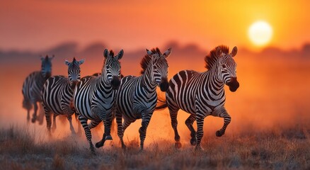Obraz premium Zebras Running Across the African Savannah at Sunset, Symbolizing Wildlife Conservation and the Beauty of Natural Ecosystems in the Wild : Generative AI