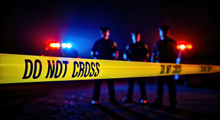 Yellow Tape with Do Not Cross Text Stretched Across the Crime Scene  with Officers Standing Behind and Police Cars Lights in Dark Night  Background  