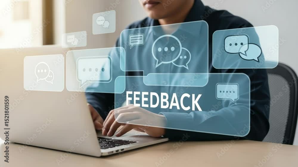 Poster Person typing on laptop with feedback bubbles and text overlay on the screen interface display