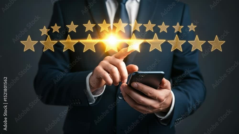 Poster Man in suit holding smartphone with glowing star rating overlay on dark gray background image