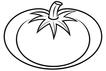 Black and White Line Drawing of Tomato with Stem and Sepals Graphic