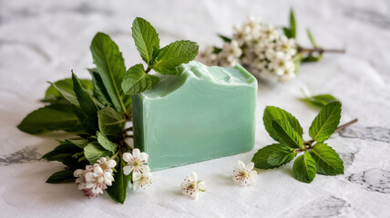 Promotional photo of peppermint blossom soap on the background of fresh peppermint leaves and inflorescences.