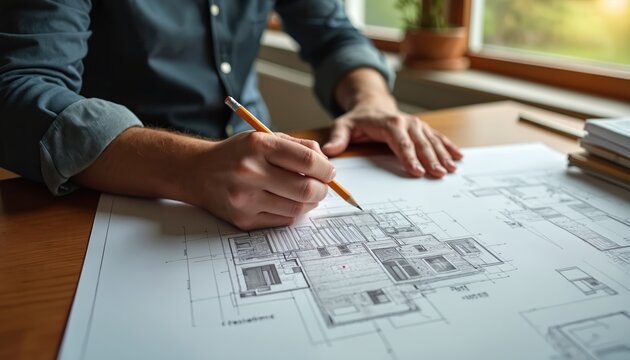 Architect sketches residential blueprint with pencil on drawing. Architect hands work with floor plan, project design. Concept of building construction, engineering, architecture, drafting and design.