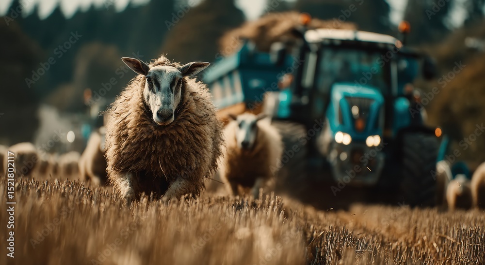 Poster Sheep Running Through Field With Tractor in Background, Showcasing Agricultural Efficiency and Sustainable Farming Practices on a Sunny Day : Generative AI