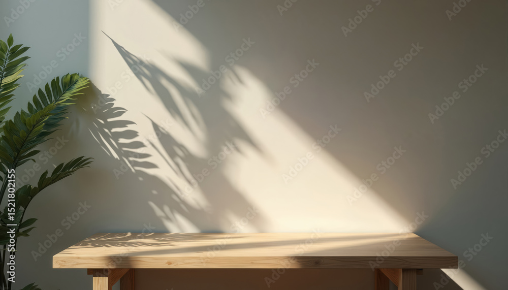 Aufkleber Empty wooden table illuminated by sunlight, leaf shadows on wall. Interior design with natural light, warm tones. Minimalist decor with empty space for product display. Perfect background for items.