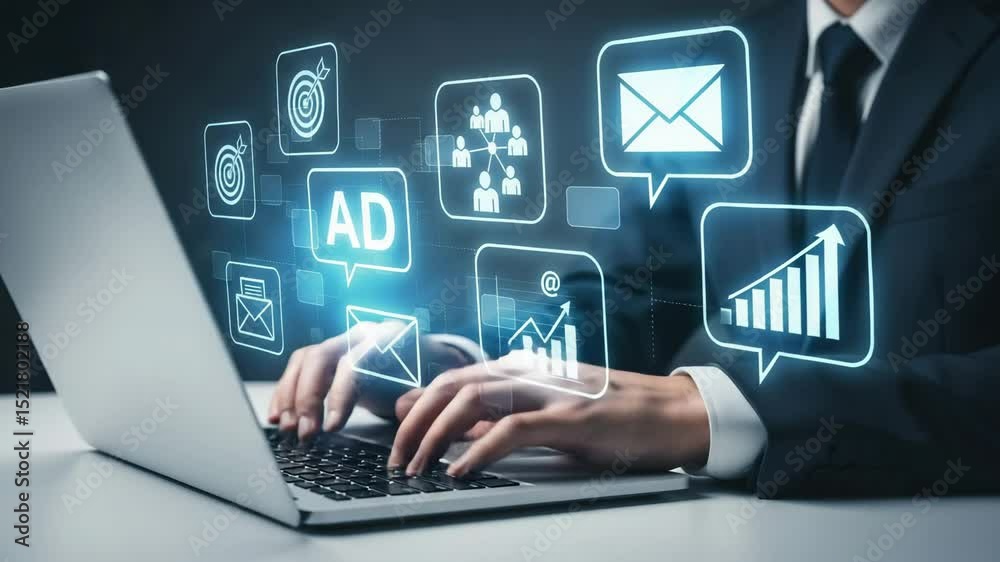 Poster man in suit typing on laptop with digital marketing icons hovering above the keyboard area