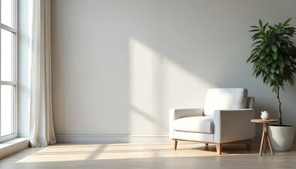 Fototapeta premium Minimalist interior living room with white armchair near big window with curtains. Bright sunlight and shadows on floor. Modern home design with plant, side table. Cozy apartment atmosphere.