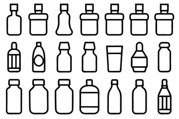 Fototapeta premium Set of 30 outline icons related to bottles. Vector illustration. Editable stroke. Linear icon collection. Collection of Hand-Drawn Beverage and Food Container Icons.