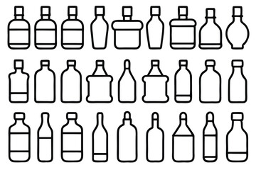 Set of 30 outline icons related to bottles. Vector illustration. Editable stroke. Linear icon collection. Collection of Hand-Drawn Beverage and Food Container Icons.