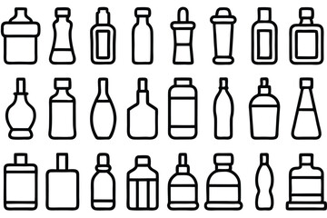 Set of 30 outline icons related to bottles. Vector illustration. Editable stroke. Linear icon collection. Collection of Hand-Drawn Beverage and Food Container Icons.
