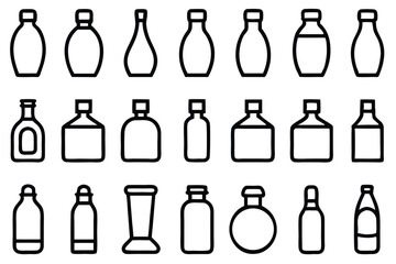 Set of 30 outline icons related to bottles. Vector illustration. Editable stroke. Linear icon collection. Collection of Hand-Drawn Beverage and Food Container Icons.