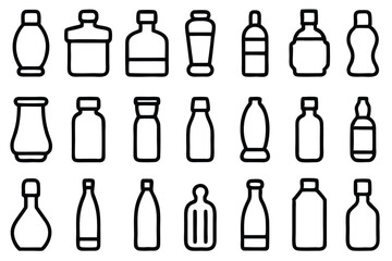 Fototapeta premium Set of 30 outline icons related to bottles. Vector illustration. Editable stroke. Linear icon collection. Collection of Hand-Drawn Beverage and Food Container Icons.