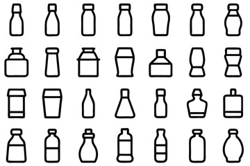 Fototapeta premium Set of 30 outline icons related to bottles. Vector illustration. Editable stroke. Linear icon collection. Collection of Hand-Drawn Beverage and Food Container Icons.