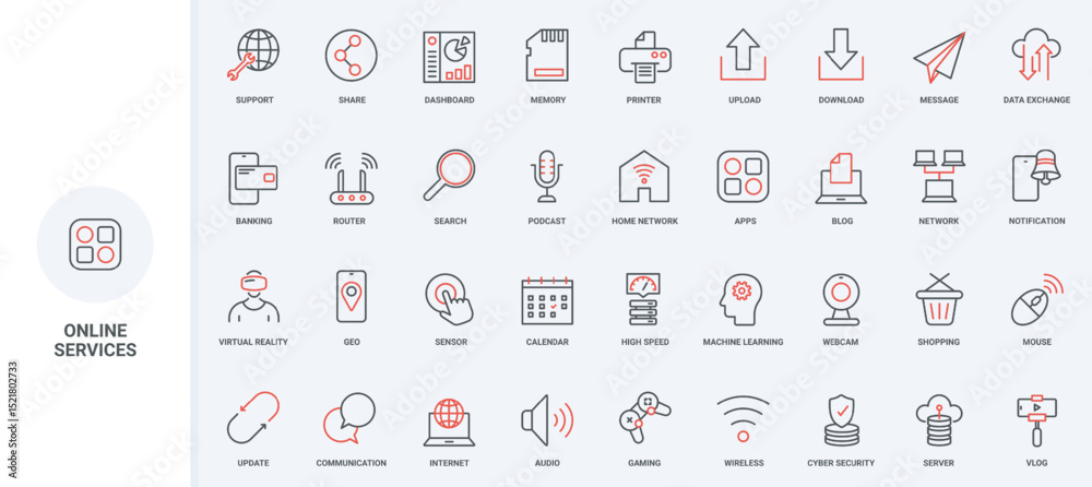 Poster online cloud services, communication and network connection line icon set. mobile apps to share, exc