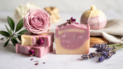 Promotional photo of goat's milk soap, which has a delicate pink hue inherent in French pink clay, which gives the soap a luxurious look. Soap on a background of rose and lavender flowers.