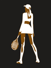 Tennis player woman color vector silhouette isolated on black background. Tennis player woman for your sports and leisure style illustrations