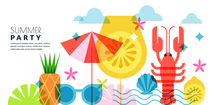 Summer holiday, travel, vacation geometric background with lobster, umbrella, cocktail, lemon. Vector flat illustration