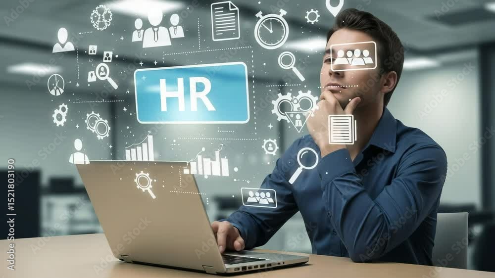 Poster Man with laptop looking at hr icons and graphs in an office with a thoughtful expression on his face