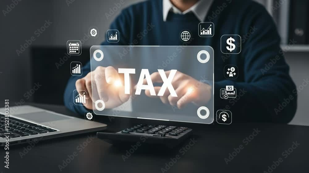 Poster man holding a tax graphic with laptop and calculator on a desk in an office setting at eye level vie
