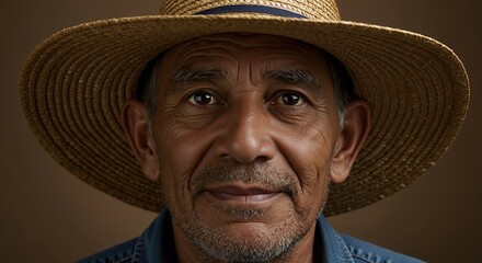 Elderly farmer man wearing straw hat and denim shirt smiling warmly. Brown background portrait showing weathered face with gray beard. Agriculture worker lifestyle
