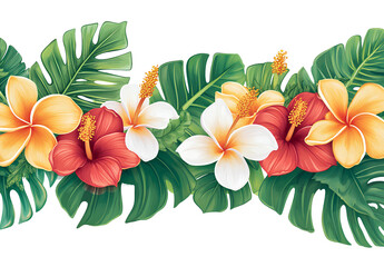Naklejka premium A vector illustration of tropical leaves and flowers in a border, with a white background, in a tropical style, with a flat design