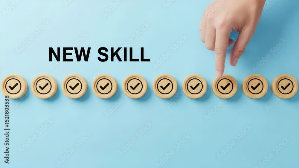 Poster Hand pointing at a wooden coin with a checkmark on it against a blue background with new skill text