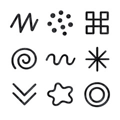 Abstract Crayon Icon Set. Outline icon set of abstract crayon patterns: zigzag line, polka dot cluster, checkerboard grid, spiral