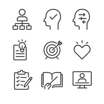 Adult Learning Icons. Outline icon set of adult learning theories: andragogy model, self-concept icon, prior experience, readiness