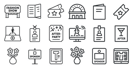 Fashion show event icons for invitations, passes, and venue design