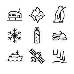 Antarctic Research Icons. Outline icon set of Antarctic research and environment: research station, iceberg, penguin, snowflake,