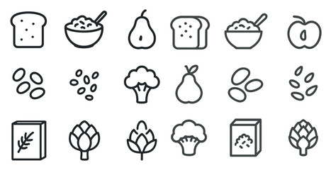 Healthy food icons set: bread, fruits, vegetables, grains in line art style