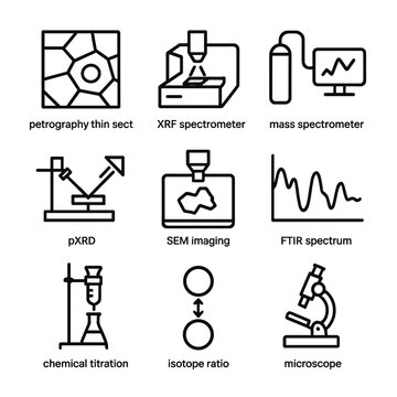 Analytical Techniques Icons. Outline icon set of analytical techniques: petrography thin section, XRF spectrometer, mass