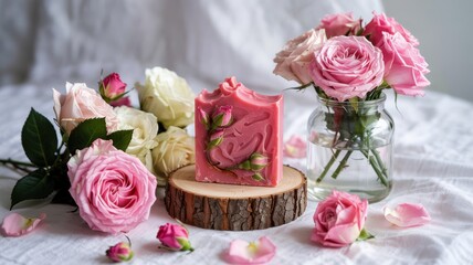 A promotional photo of the soap. The soap is pink in color with the addition of dried rose petals on a light background. Next to it is a vase with fresh roses.