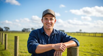 Smiling farmer man leaning on wooden fence post in green pasture field. Navy cap and shirt with blue sky clouds background. Rural agriculture lifestyle