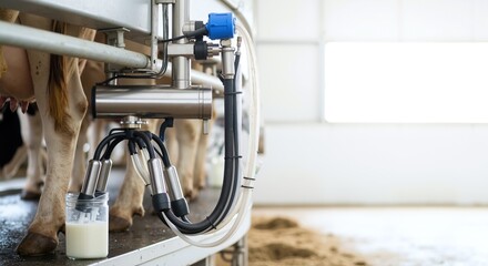 Automated milking equipment attached to cow udder with stainless steel machinery. Modern dairy technology system collecting fresh milk. Industrial farming concept
