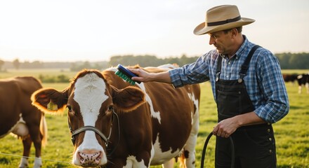 Farmer man feeding brown white cow with green bottle in pasture field. Straw hat and plaid shirt caring livestock at sunset. Animal husbandry concept