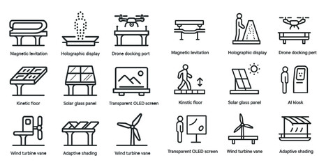 Futuristic urban design icons featuring solar panels and ai kiosk concepts