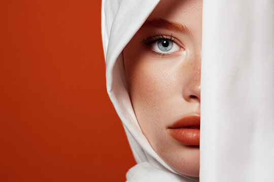 Woman in white veil with red background