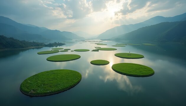 Aerial shot Loktak Lake Manipur. Floating islands, green round patches of land in calm water. Morning light rays, scenic landscape, mountains background. Nature background, beauty, travel.
