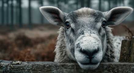 Close-Up of Sheep With Woolly Face Over Wooden Fence, Symbolizing Rural Serenity and Sustainable Agriculture : Generative AI