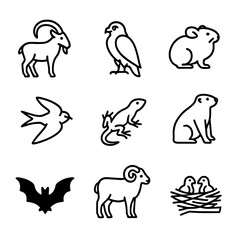 Obraz premium Cliff-Dwelling Animals Icons. Outline icon set of cliff-dwelling animals: mountain goat, peregrine falcon, rock pika, cliff