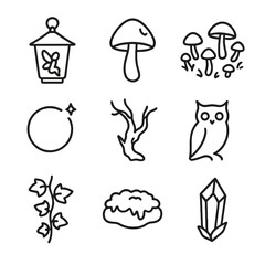 Fototapeta premium Enchanted Forest Icons. Outline icon set of enchanted misty woods: fairy lantern, magical mushroom, toadstool circle, glowing orb,
