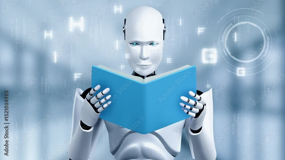 Poster 3d rendering of robot hominoid reading book in concept of future artificial intelligence and 4th fou