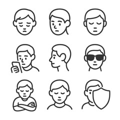Eye Contact Icons. Outline icon set of eye contact avoidance: downcast eyes, side glance, closed eyelids, phone distraction, head