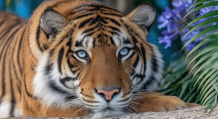 Naklejka premium Close-Up of a Majestic Bengal Tiger Resting in Lush Foliage, Symbolizing Wildlife Conservation and Environmental Awareness Campaigns : Generative AI