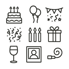 Family Celebration Icons. Outline icon set of joint family celebrations: cake, balloons, banner, confetti, candles, gift,