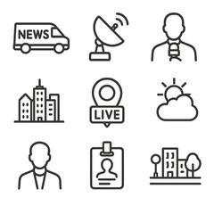 Field Reporting Icons. Outline icon set of field reporting: news van, satellite uplink, reporter with mic, city skyline backdrop,